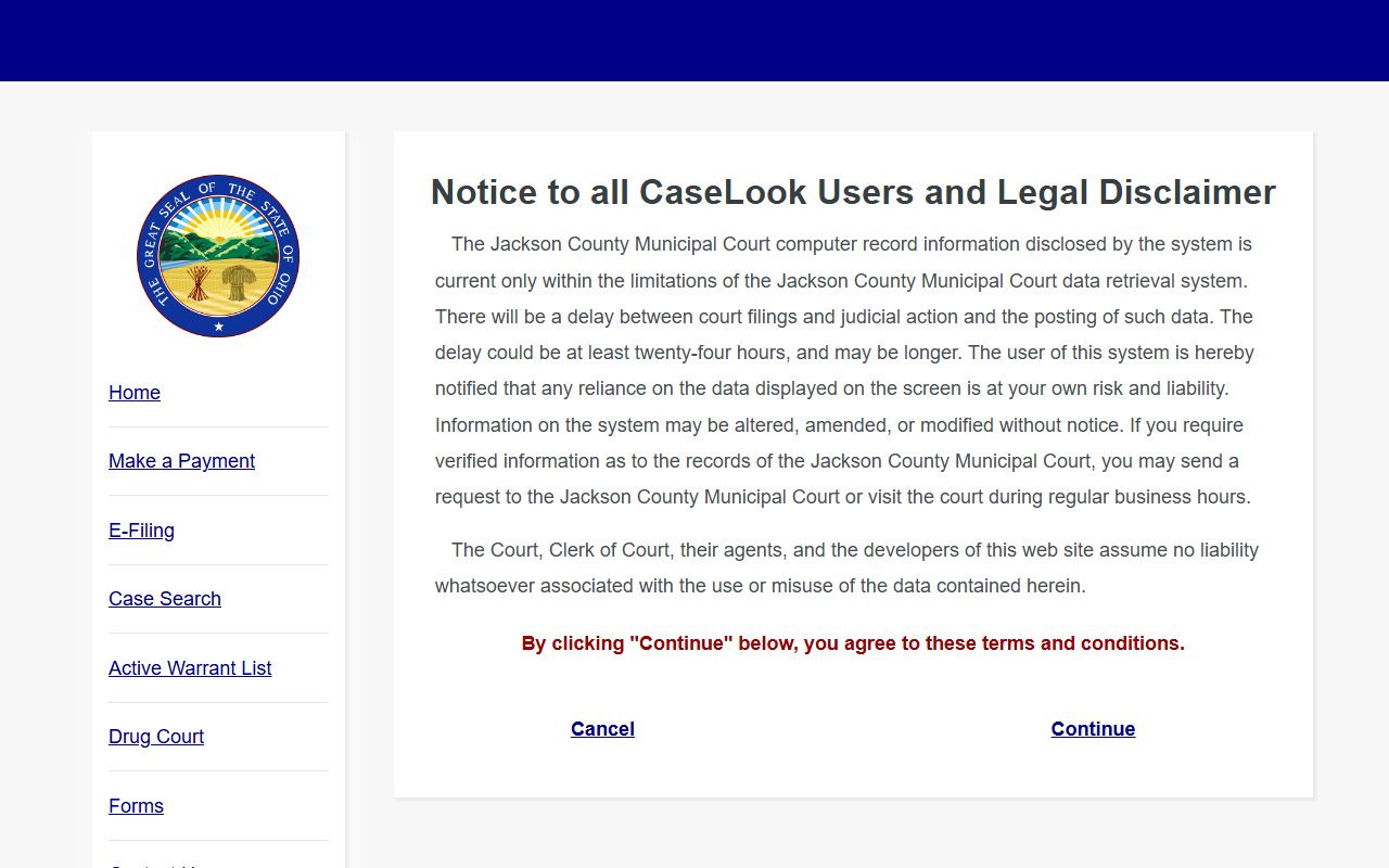 Jackson County court records after arrest Municipal CaseLook disclaimer